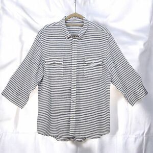Design United Shirt Woman 44" Bust White Blue Striped Linen Button Up 3/4 Sleeve